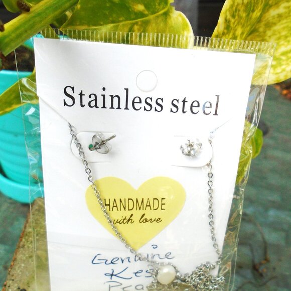 Natural Keshi pearl Double dangle Necklace & Stud earring set, real Unique pearl - Picture 6 of 7